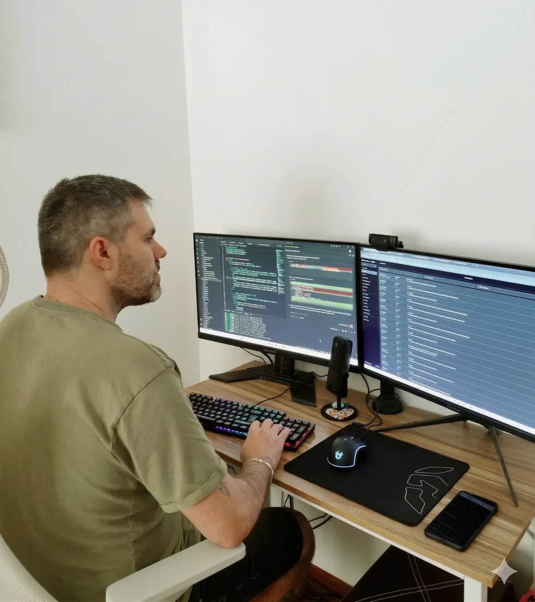 Pablo Romero, consultor SEO, trabajando con código y herramientas de análisis en dos monitores.