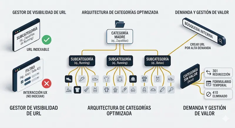 Estructura jerárquica de una tienda online para organizar categorías, marcas y navegación interna.
