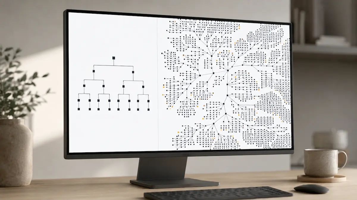 Comparativa visual de la arquitectura de una web de servicios frente a la de un ecommerce, mostrando una estructura de pocas páginas frente a un sitemap masivo con miles de nodos
